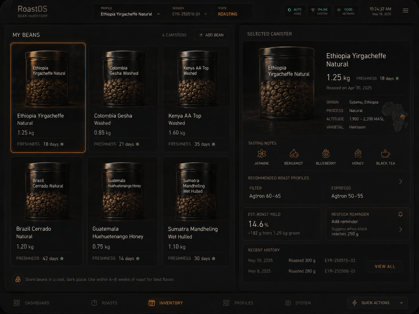 RoastOS bean inventory showing six home-scale canisters, freshness, origin, yield, and recommended profiles
